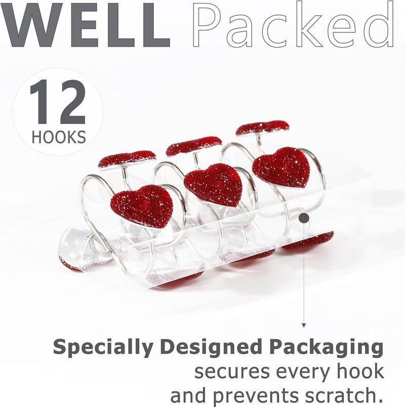 Popkozzi Valentines Day Shower Curtain Hooks: Red Heart Shower Curtain Hooks - Luxury Sparkly Crystal Rhinestone Decorative Stainless Steel Shower Rings Hangers for Christmas Holiday Women Girls Bathroom Décor - Image 5